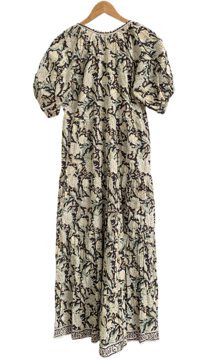 Dark Brown Floral Hand Block Print Cotton Maxi Dress – Boho Tiered Indian Style