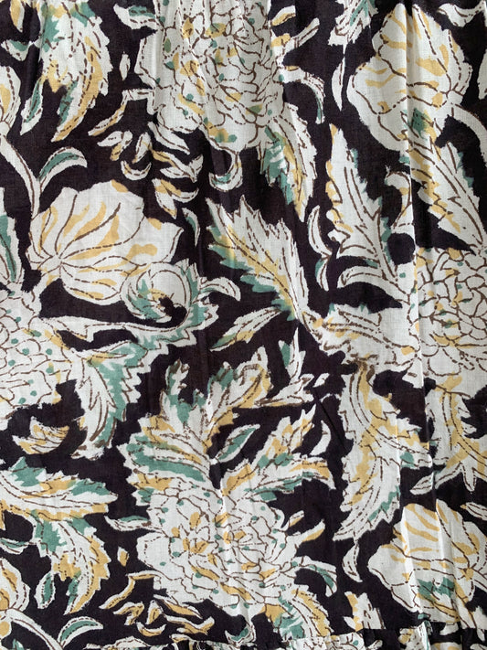 Dark Brown Floral Hand Block Print Cotton Maxi Dress – Boho Tiered Indian Style