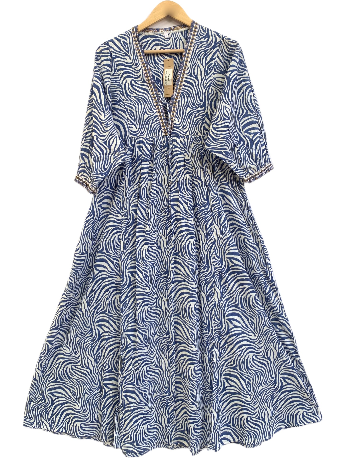 Blue & White Abstract Cotton Maxi Dress – Boho Indian Long Dress with V Neck