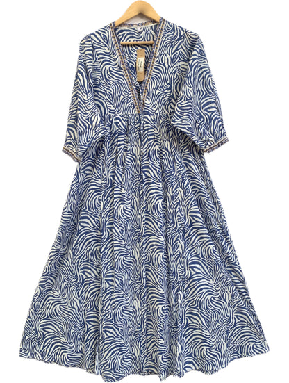 Blue & White Abstract Cotton Maxi Dress – Boho Indian Long Dress with V Neck
