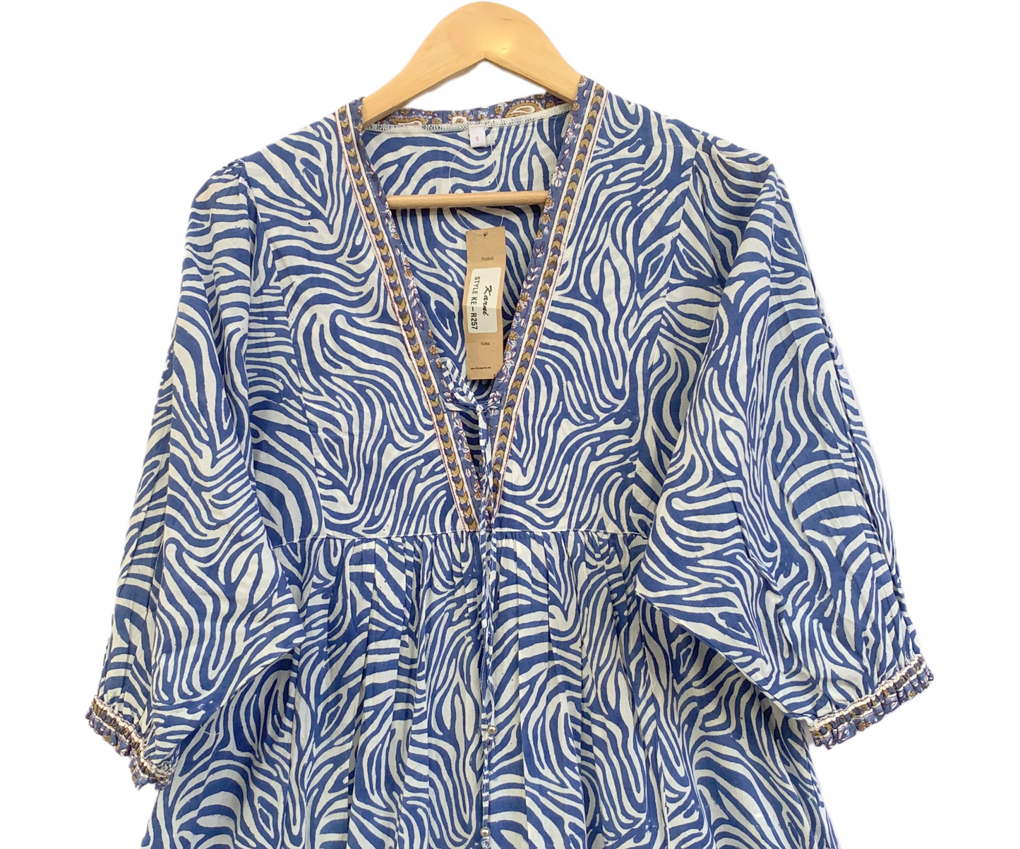 Blue & White Abstract Cotton Maxi Dress – Boho Indian Long Dress with V Neck