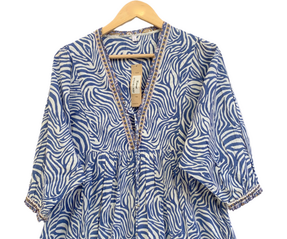 Blue & White Abstract Cotton Maxi Dress – Boho Indian Long Dress with V Neck