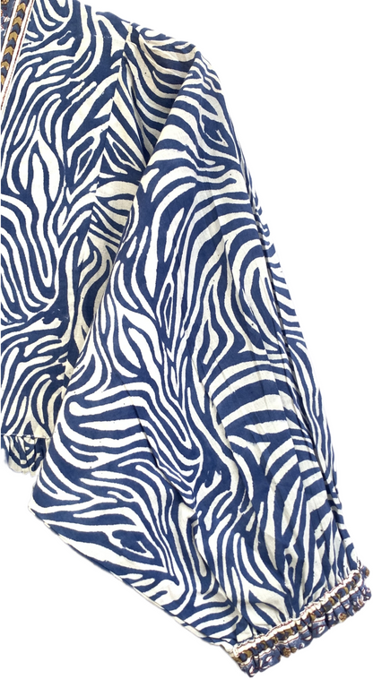 Blue & White Abstract Cotton Maxi Dress – Boho Indian Long Dress with V Neck