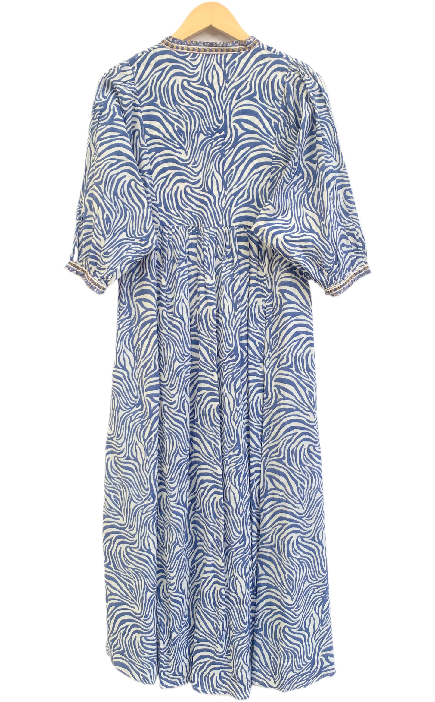 Blue & White Abstract Cotton Maxi Dress – Boho Indian Long Dress with V Neck