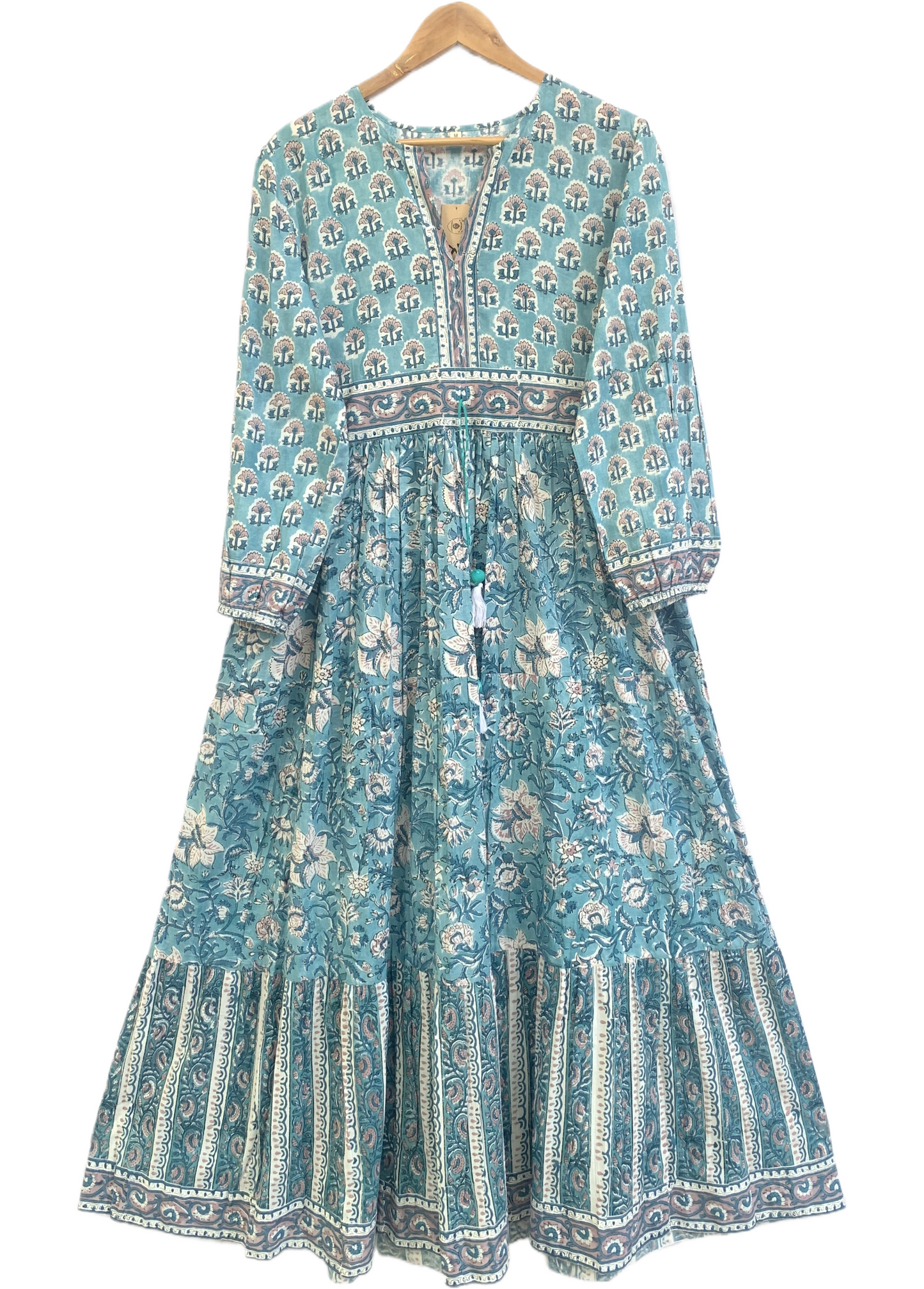 Teal Blue Floral Cotton Maxi Dress – Hand Block Print Boho Tiered Dress
