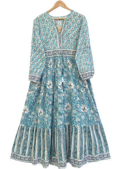 Teal Blue Floral Cotton Maxi Dress – Hand Block Print Boho Tiered Dress