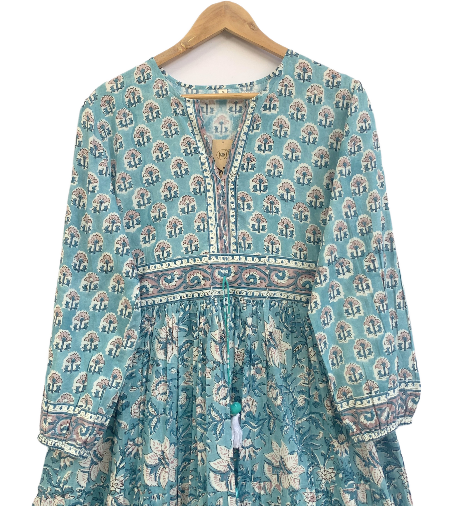 Teal Blue Floral Cotton Maxi Dress – Hand Block Print Boho Tiered Dress