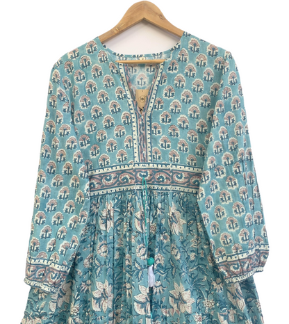 Teal Blue Floral Cotton Maxi Dress – Hand Block Print Boho Tiered Dress
