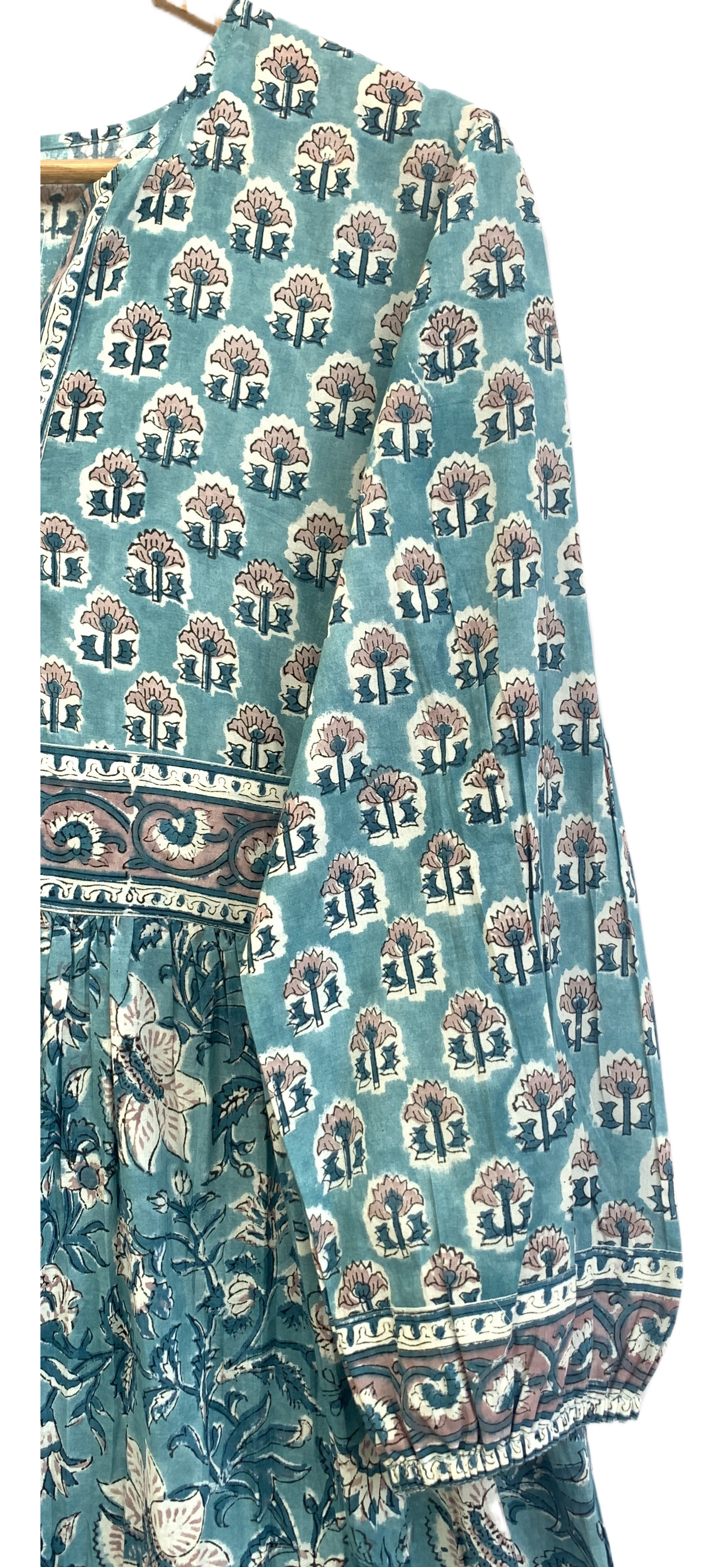 Teal Blue Floral Cotton Maxi Dress – Hand Block Print Boho Tiered Dress