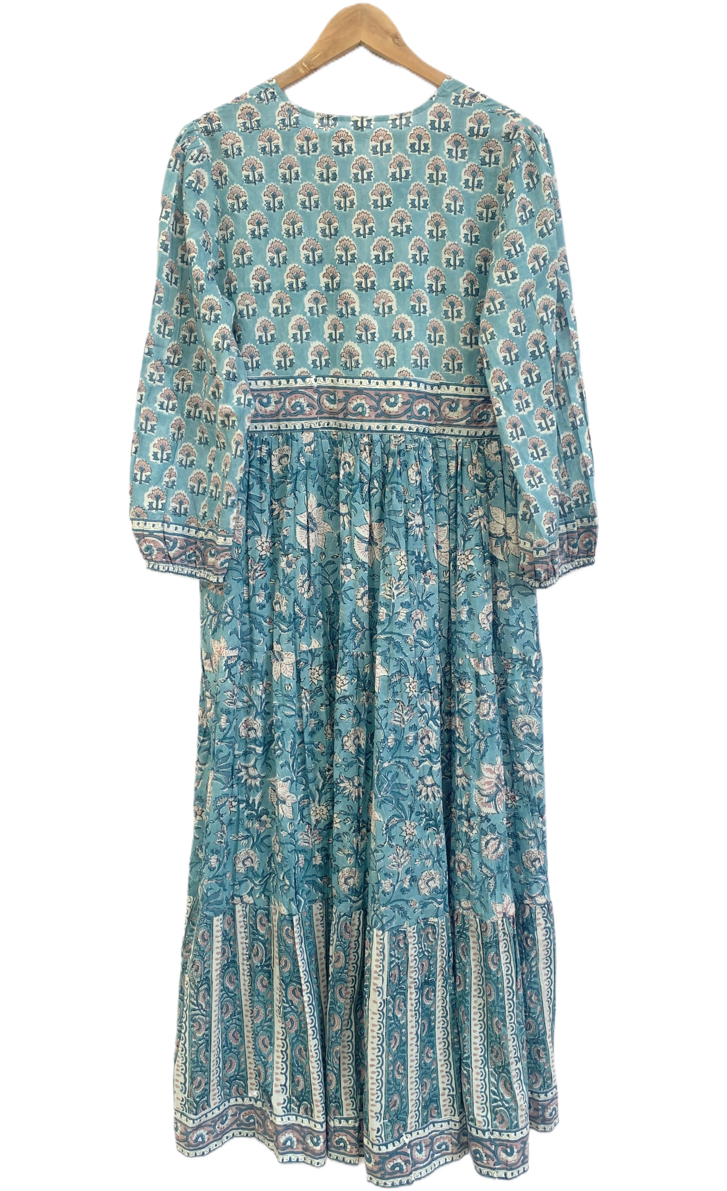 Teal Blue Floral Cotton Maxi Dress – Hand Block Print Boho Tiered Dress