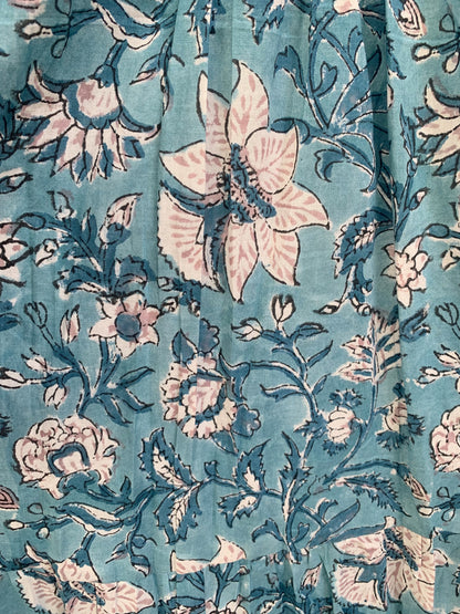 Teal Blue Floral Cotton Maxi Dress – Hand Block Print Boho Tiered Dress