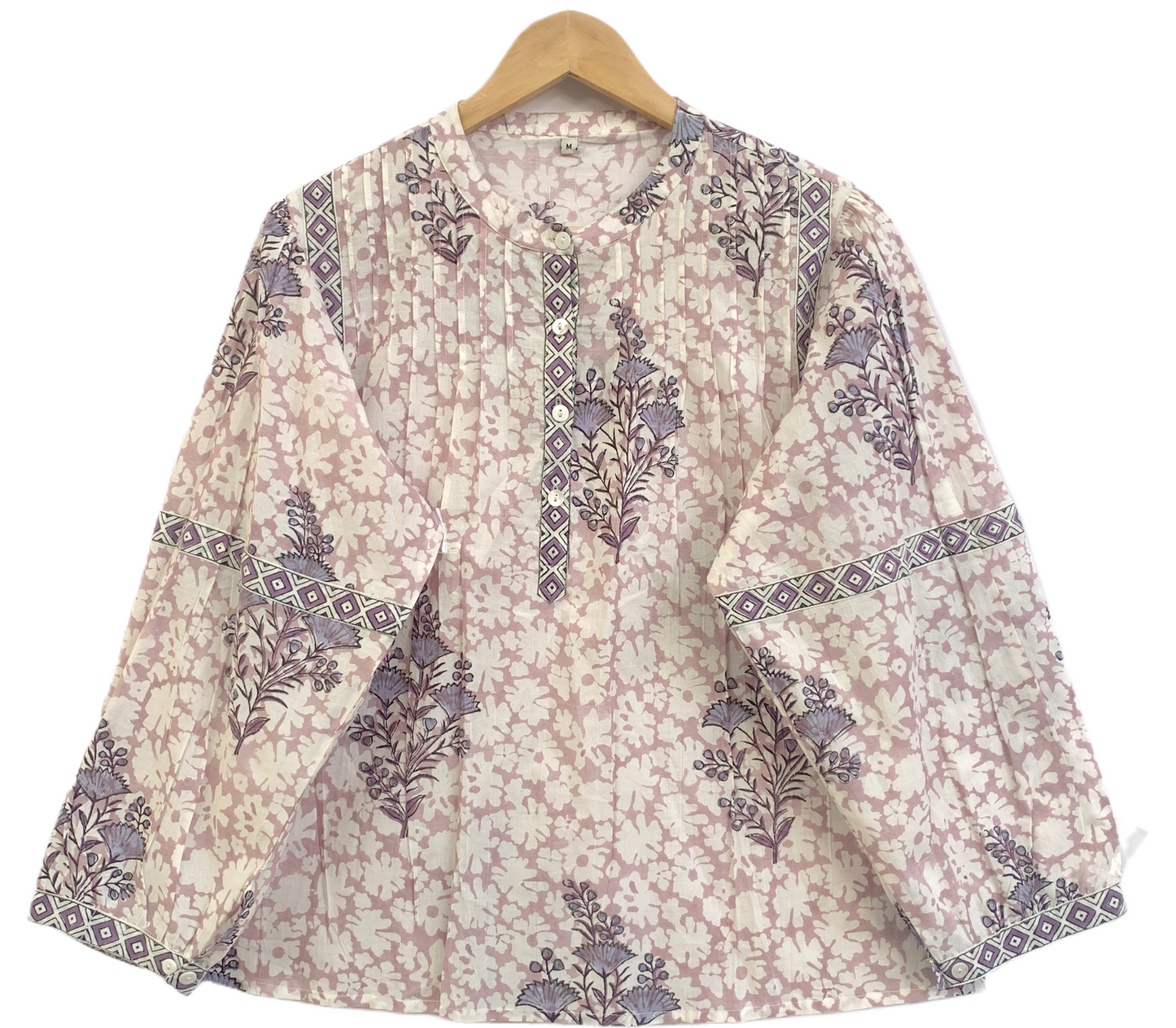 Blush Pink Hand Block Print Cotton Top – Boho Round Neck Blouse