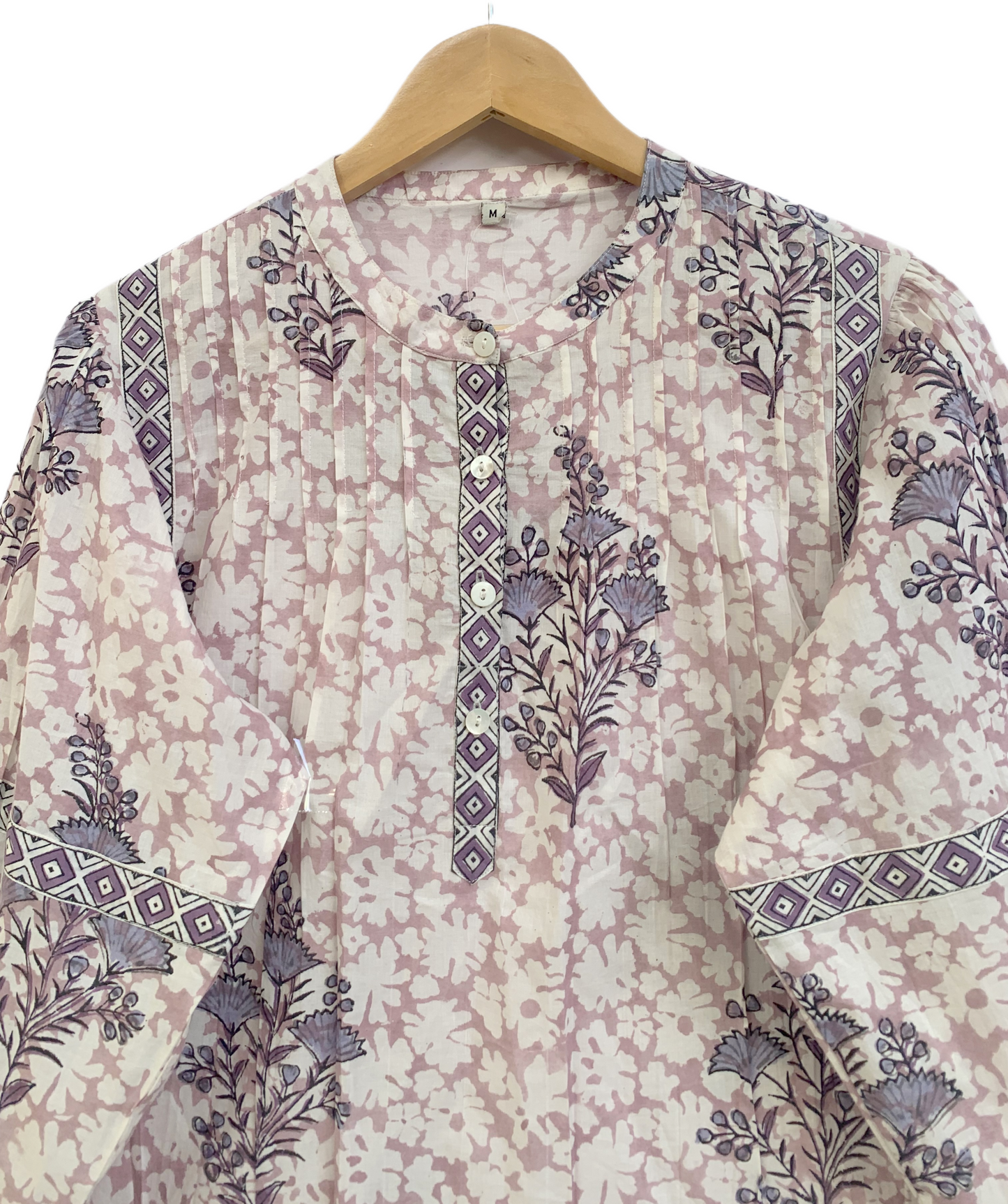 Blush Pink Hand Block Print Cotton Top – Boho Round Neck Blouse