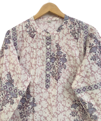 Blush Pink Hand Block Print Cotton Top – Boho Round Neck Blouse