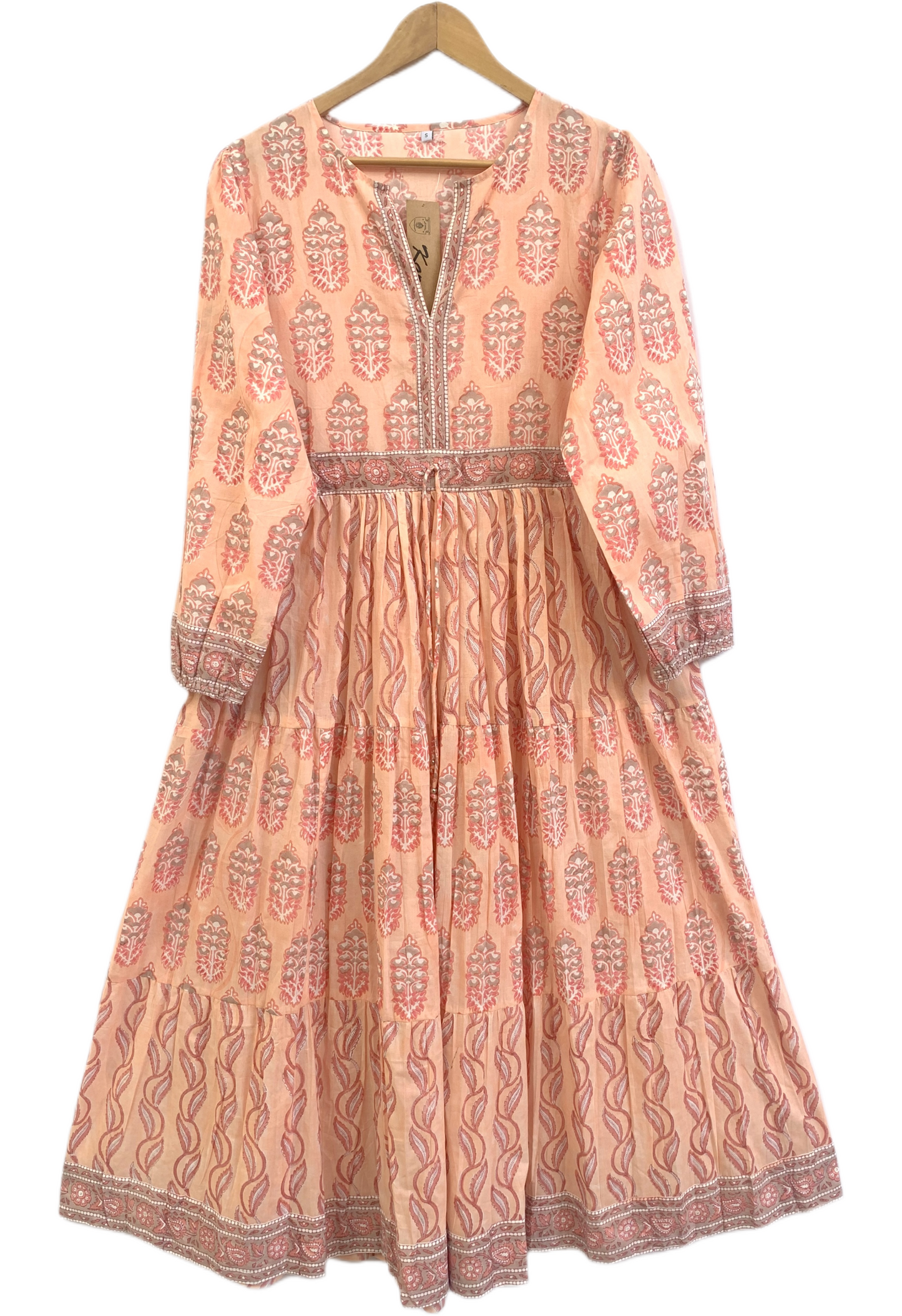 Peach Blush Block Print Cotton Maxi Dress – Boho Tiered V Neck Indian Style