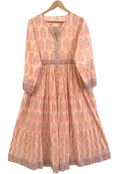 Peach Blush Block Print Cotton Maxi Dress – Boho Tiered V Neck Indian Style
