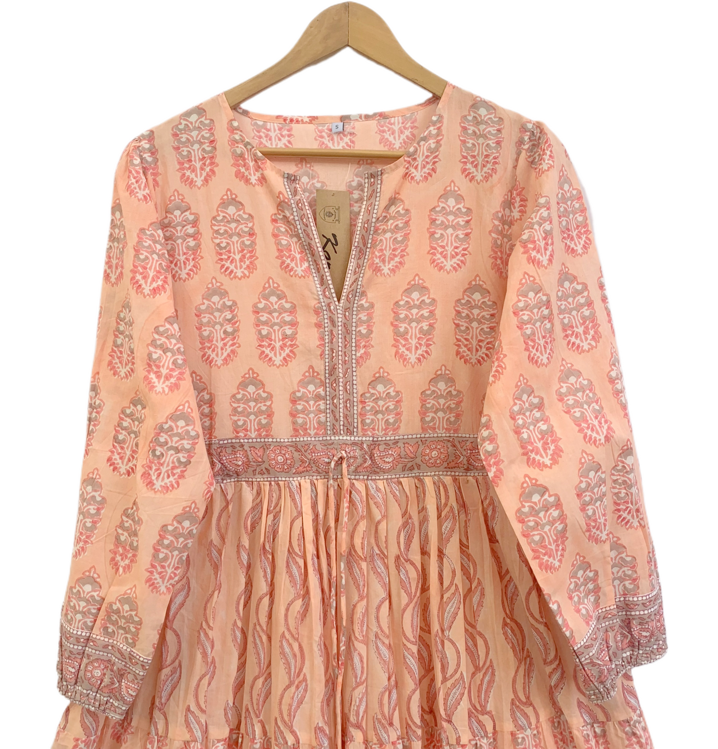 Peach Blush Block Print Cotton Maxi Dress – Boho Tiered V Neck Indian Style