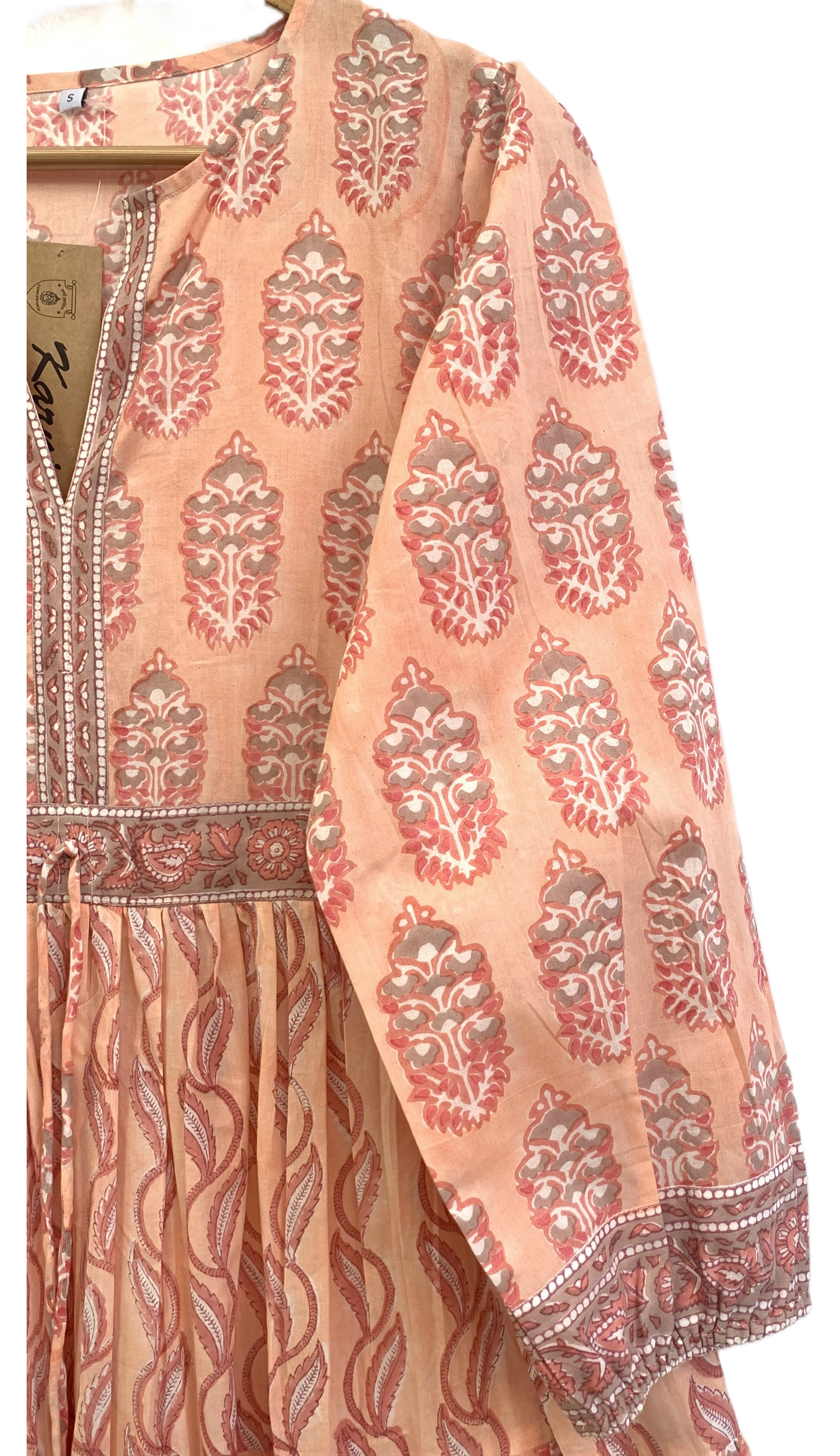 Peach Blush Block Print Cotton Maxi Dress – Boho Tiered V Neck Indian Style