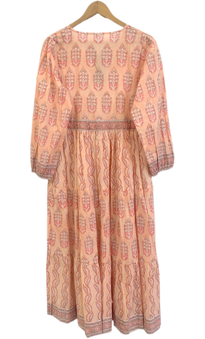 Peach Blush Block Print Cotton Maxi Dress – Boho Tiered V Neck Indian Style