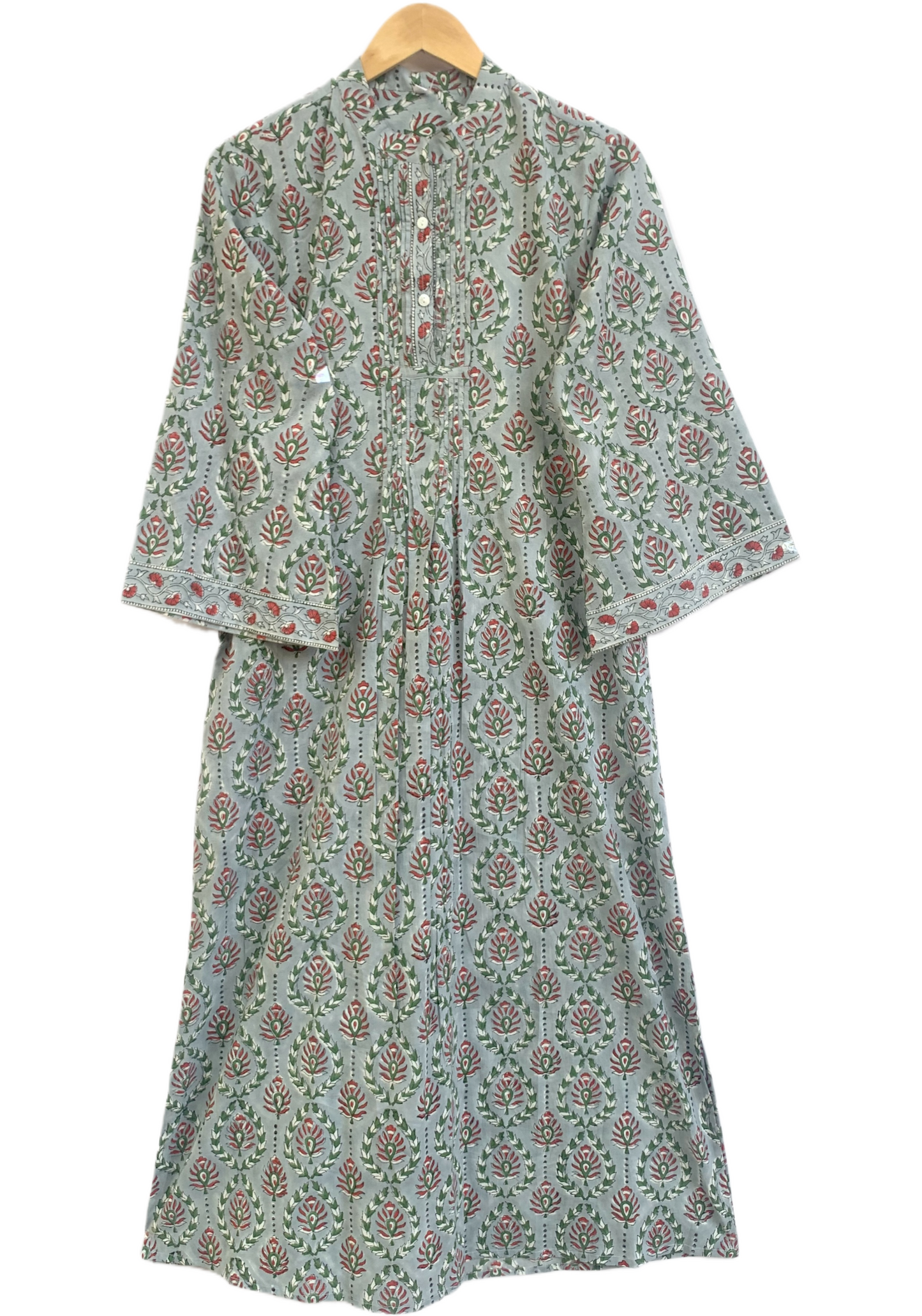Sage Green Floral Cotton Maxi Dress – Hand Block Print Boho Shirt Dress