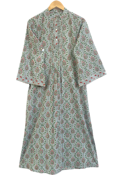 Sage Green Floral Cotton Maxi Dress – Hand Block Print Boho Shirt Dress
