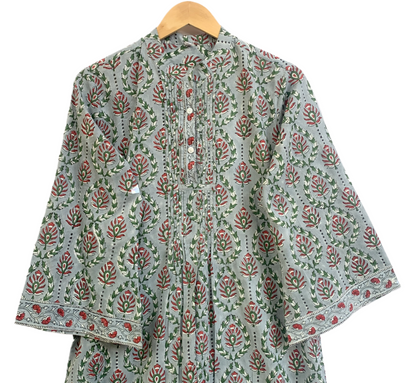 Sage Green Floral Cotton Maxi Dress – Hand Block Print Boho Shirt Dress