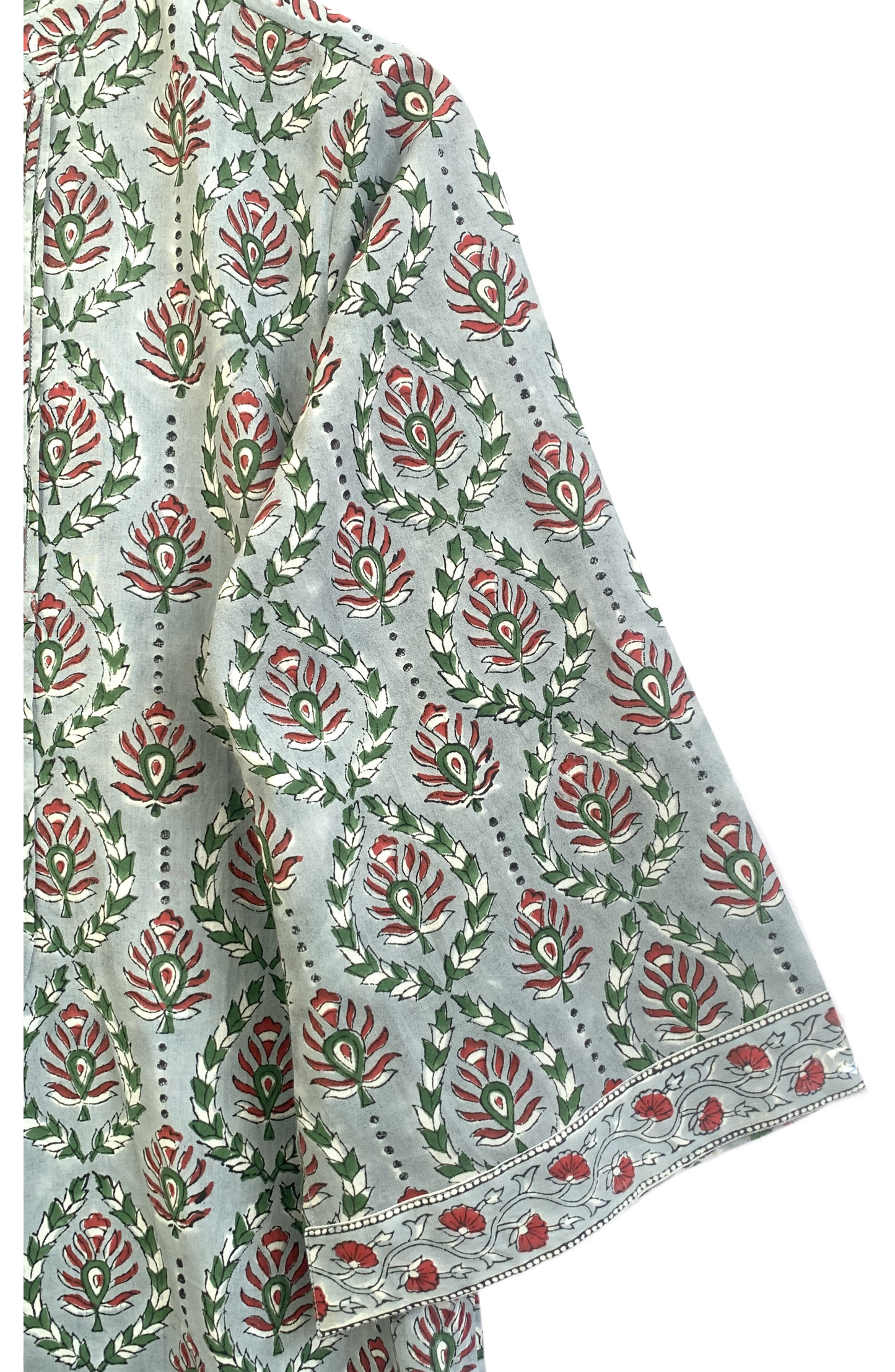 Sage Green Floral Cotton Maxi Dress – Hand Block Print Boho Shirt Dress