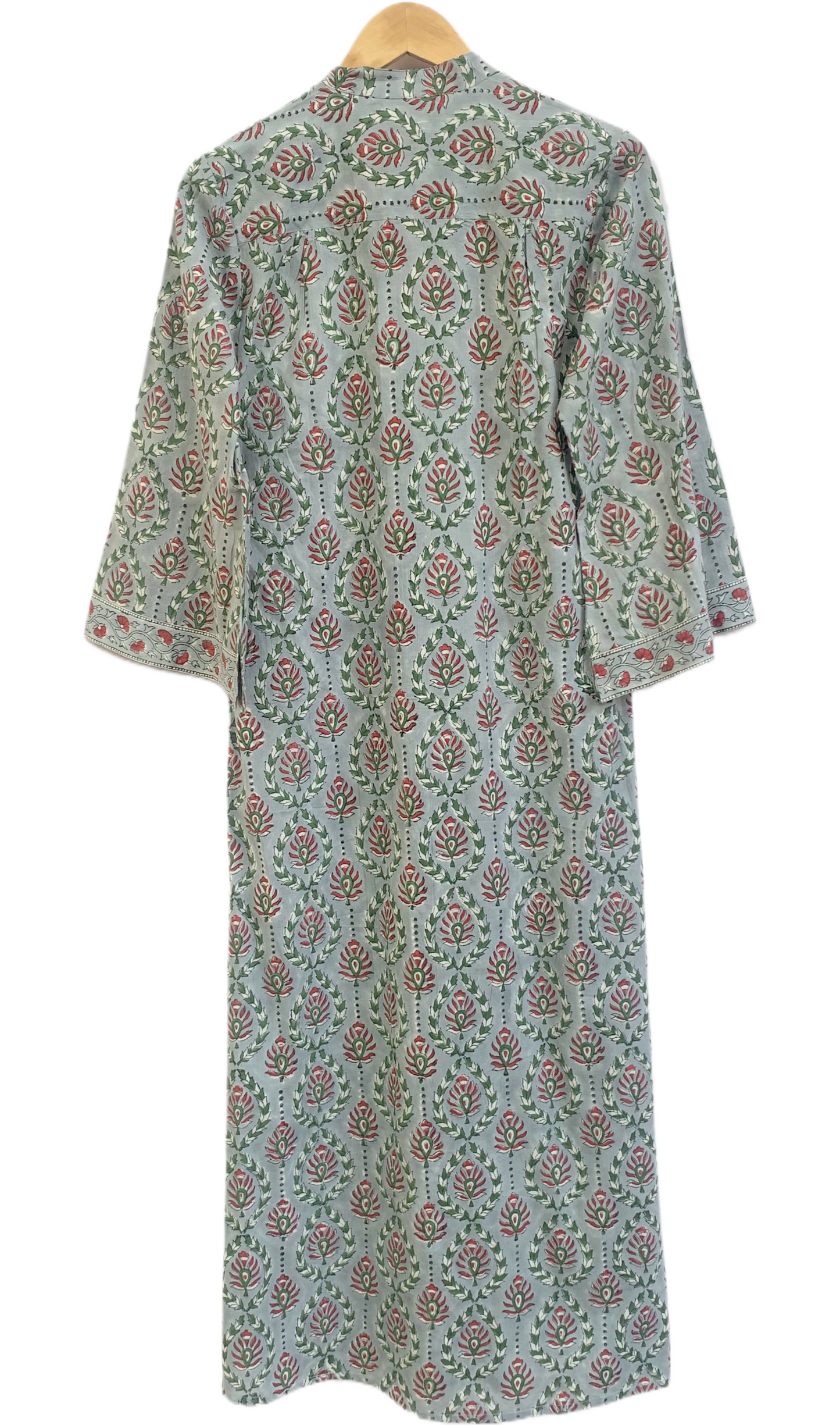 Sage Green Floral Cotton Maxi Dress – Hand Block Print Boho Shirt Dress