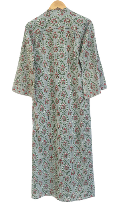 Sage Green Floral Cotton Maxi Dress – Hand Block Print Boho Shirt Dress
