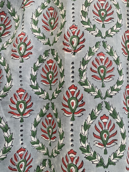 Sage Green Floral Cotton Maxi Dress – Hand Block Print Boho Shirt Dress