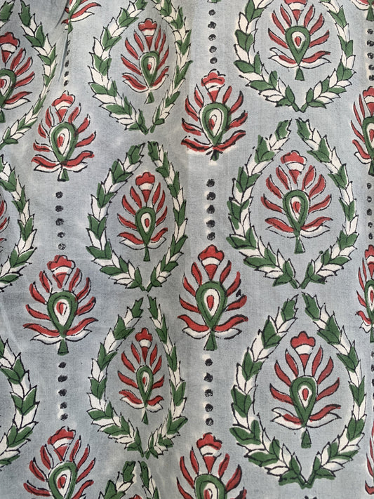 Sage Green Floral Cotton Maxi Dress – Hand Block Print Boho Shirt Dress