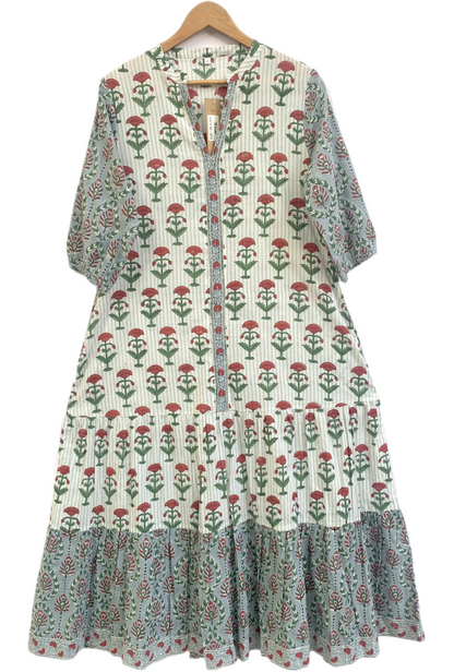 Sage Green Hand Block Print Cotton Maxi Dress – Boho Tiered V Neck Puff Sleeve