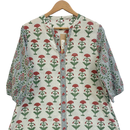 Sage Green Hand Block Print Cotton Maxi Dress – Boho Tiered V Neck Puff Sleeve