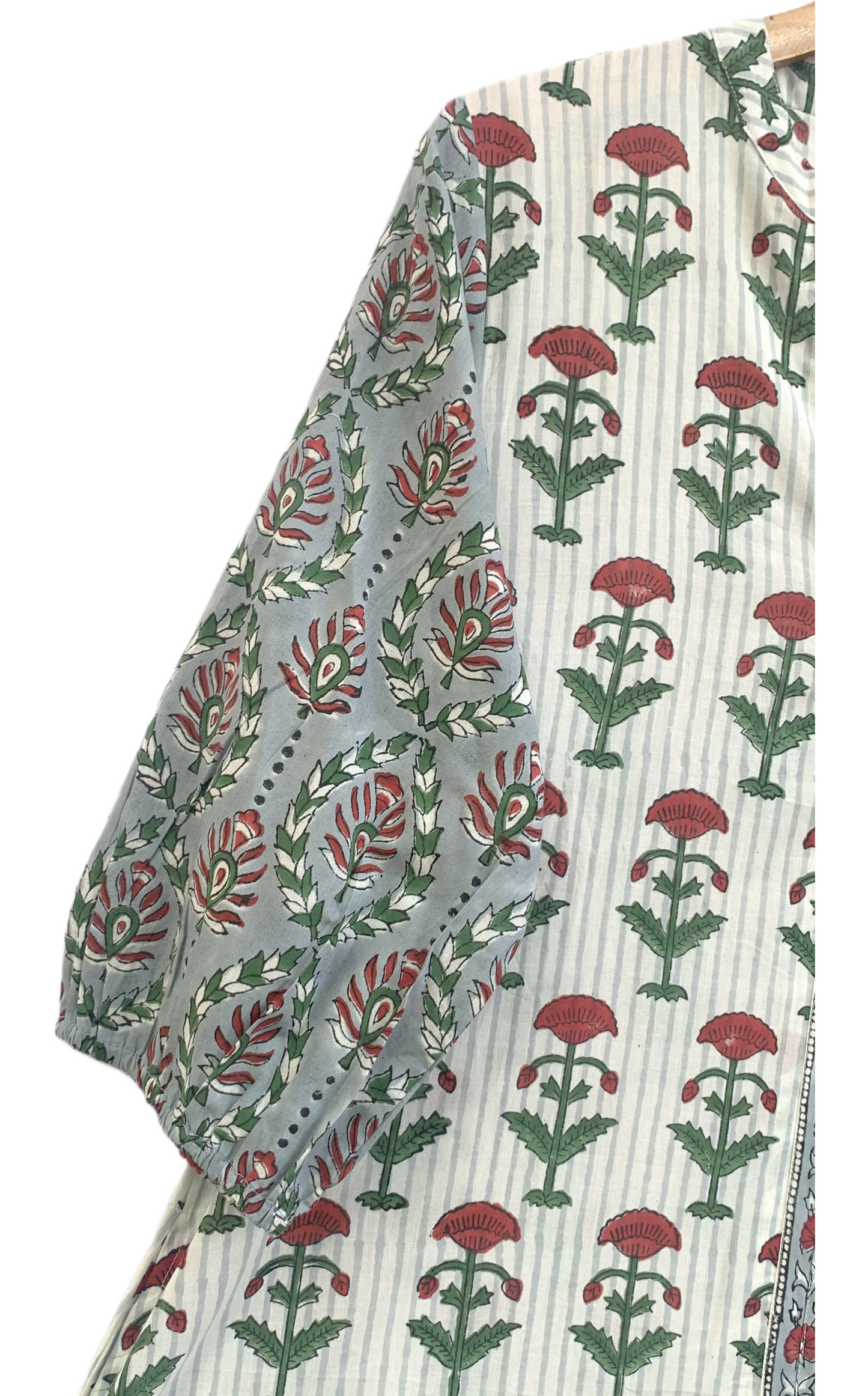 Sage Green Hand Block Print Cotton Maxi Dress – Boho Tiered V Neck Puff Sleeve