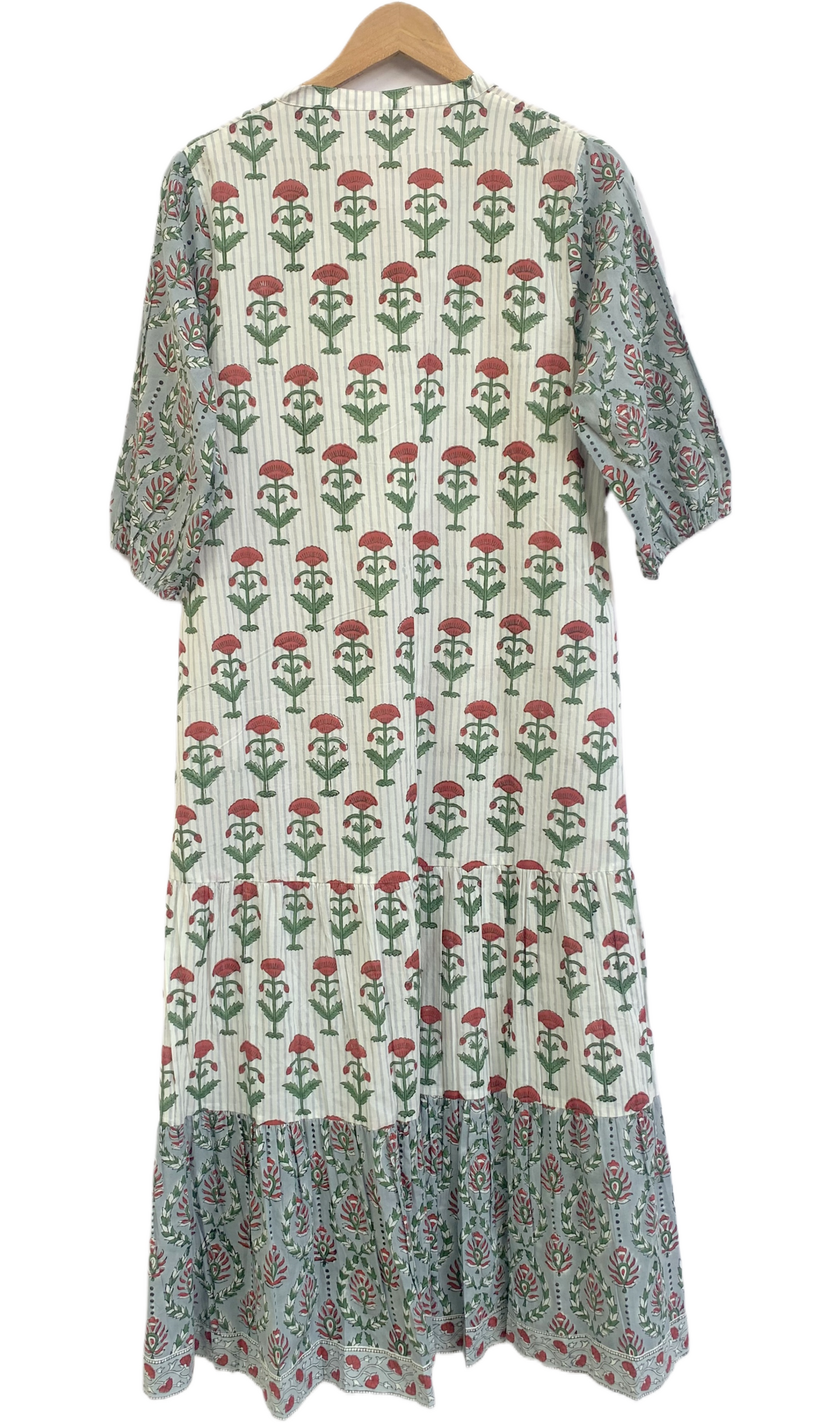 Sage Green Hand Block Print Cotton Maxi Dress – Boho Tiered V Neck Puff Sleeve