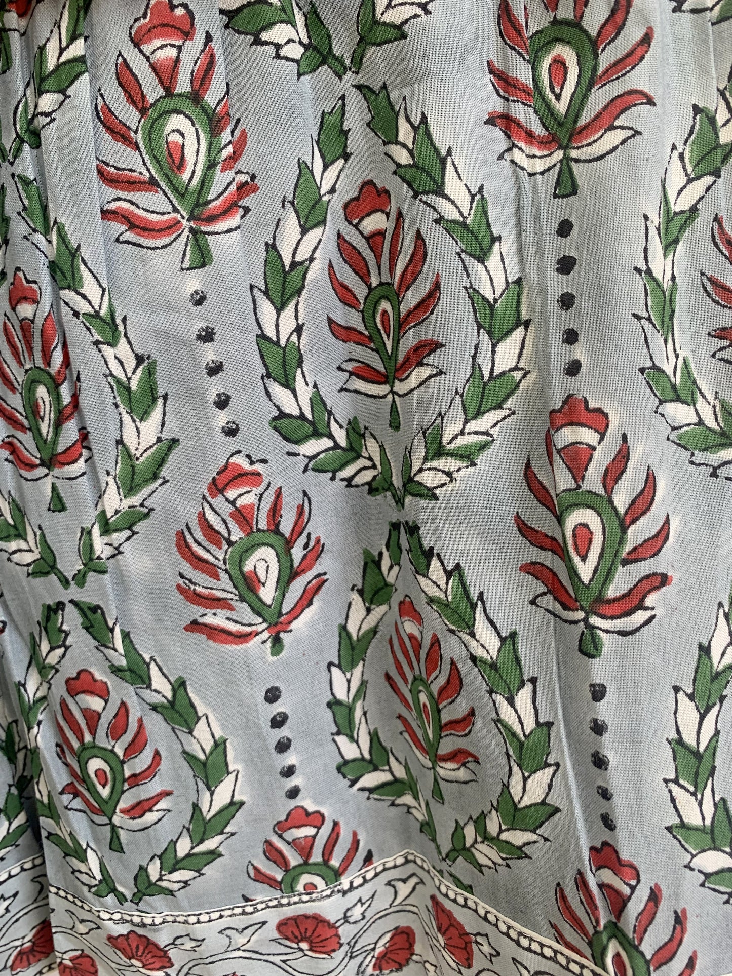 Sage Green Hand Block Print Cotton Maxi Dress – Boho Tiered V Neck Puff Sleeve