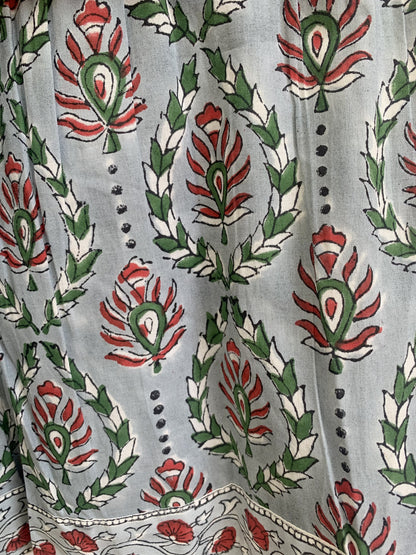 Sage Green Hand Block Print Cotton Maxi Dress – Boho Tiered V Neck Puff Sleeve