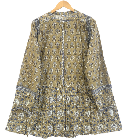 Olive Brown Floral Cotton Mini Dress – Hand Block Print Boho Tiered Style