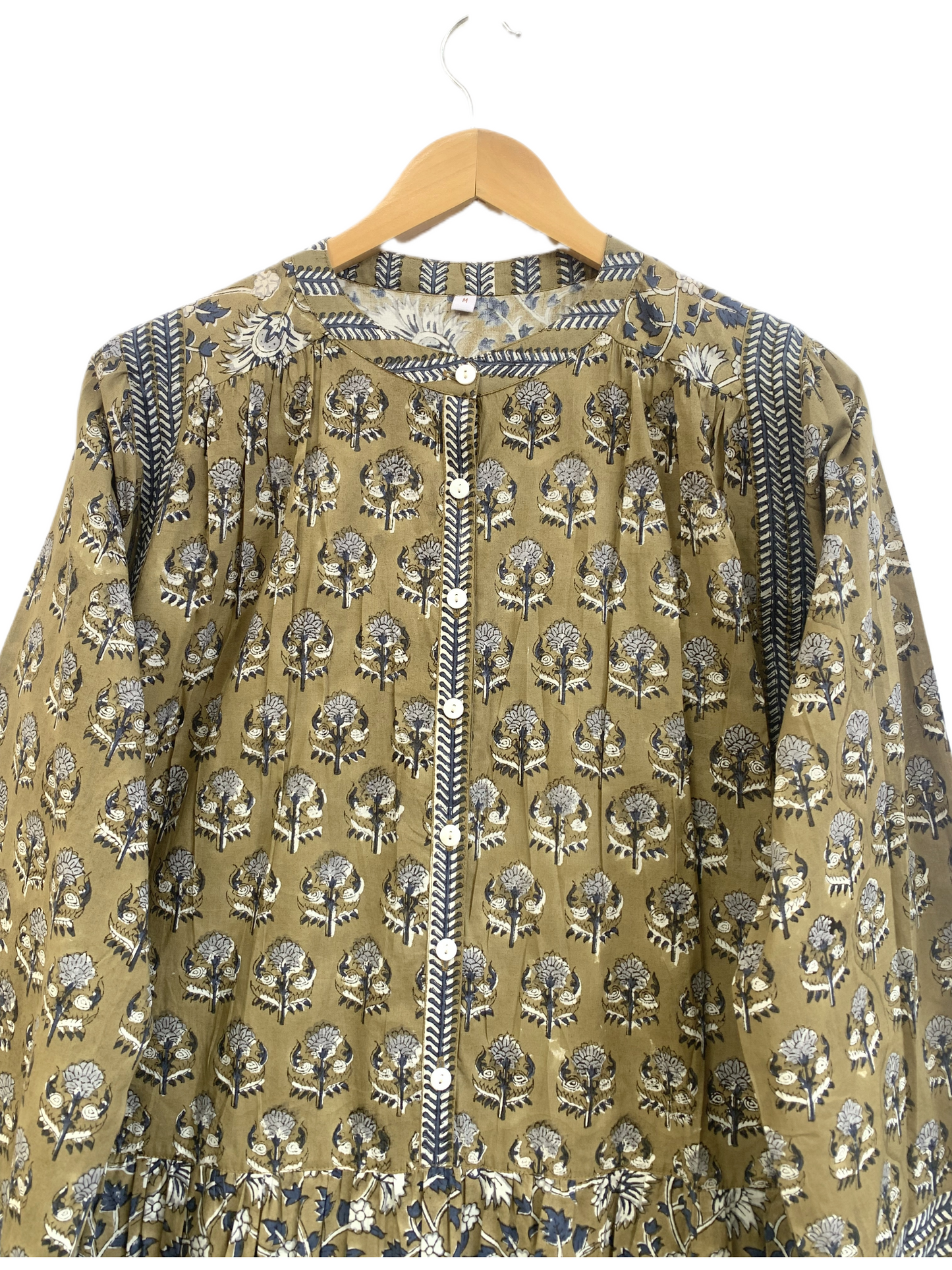 Olive Brown Floral Cotton Mini Dress – Hand Block Print Boho Tiered Style