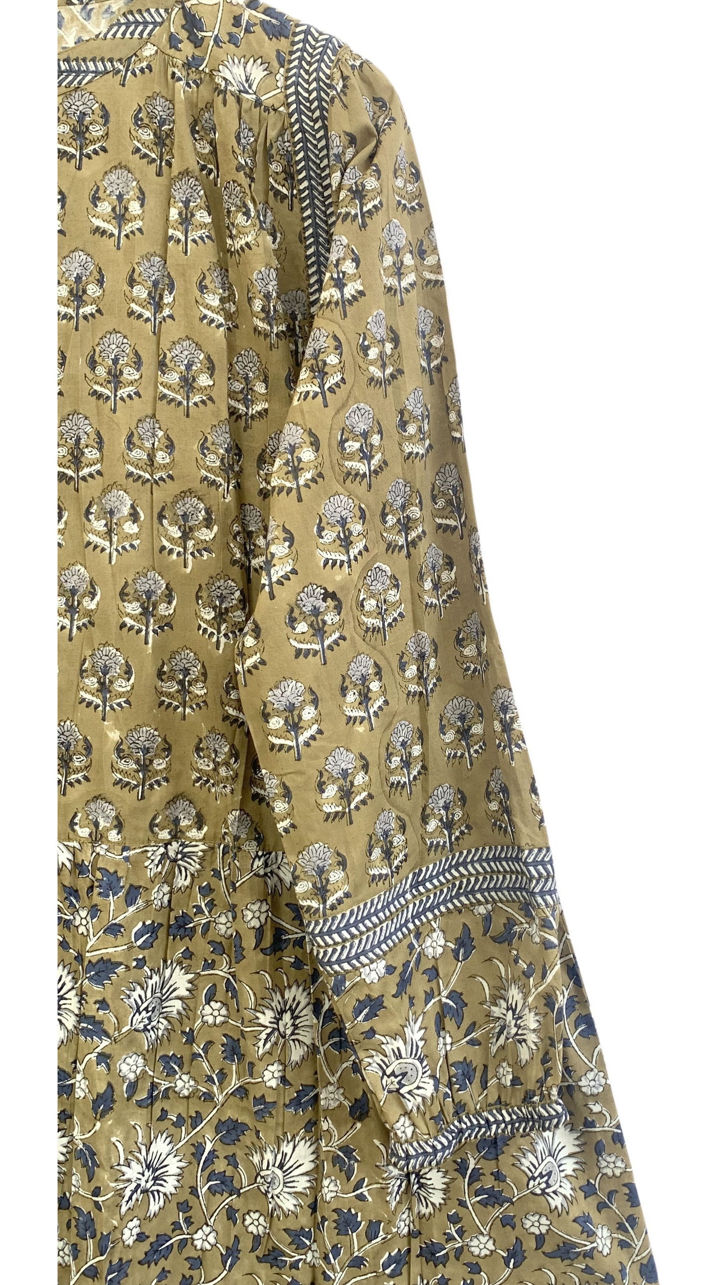 Olive Brown Floral Cotton Mini Dress – Hand Block Print Boho Tiered Style