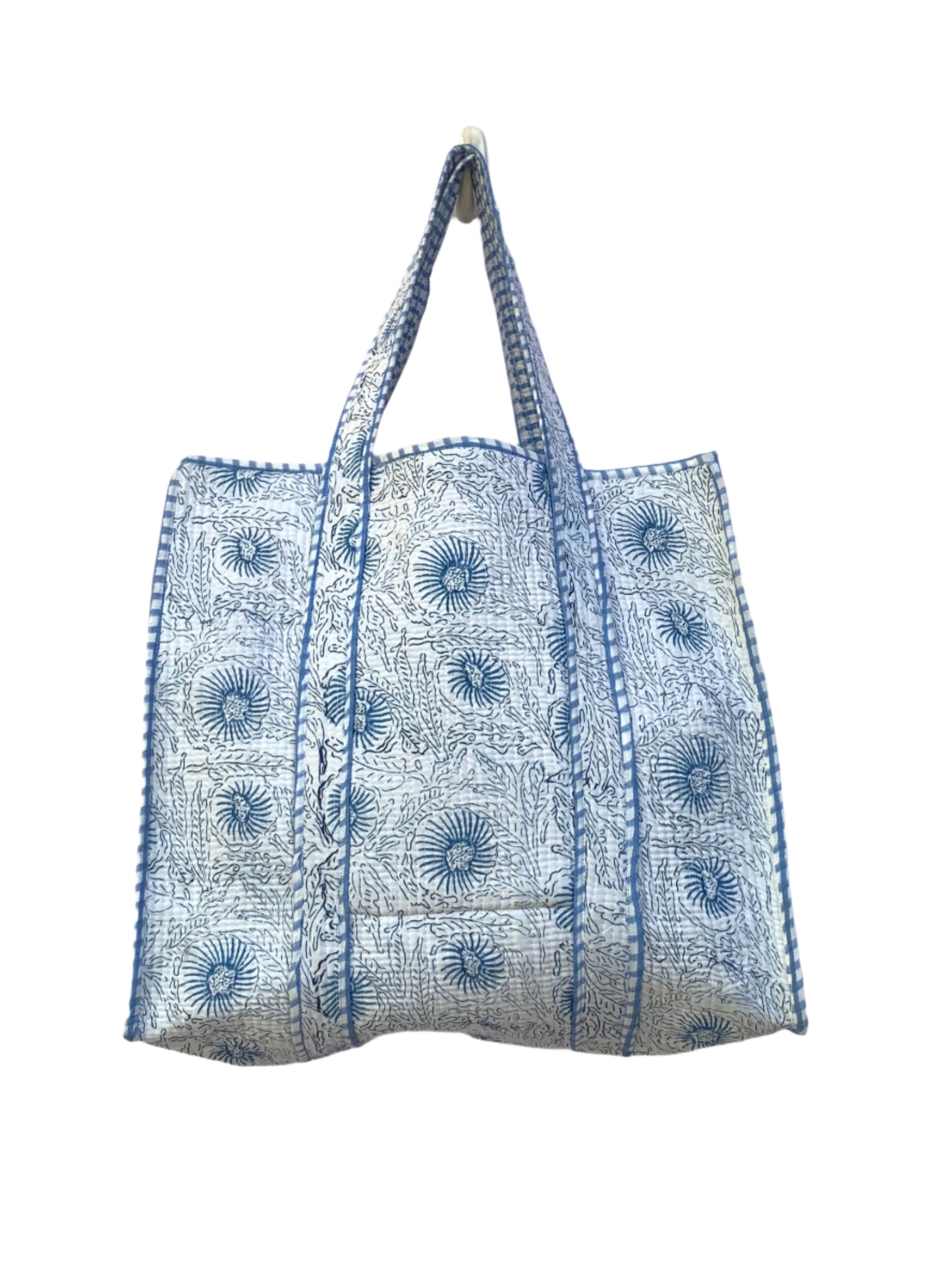blue and white floral hand block printed womens tote bag- reversible-plaid pattern insides-with pocket-  18” x 18”  – 46cm  x 46cm