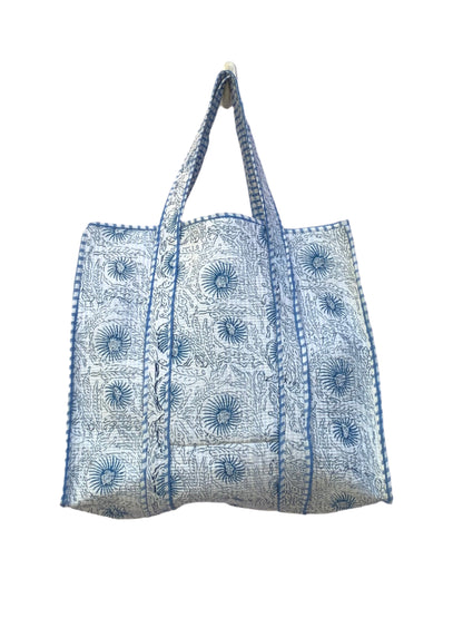 blue and white floral hand block printed womens tote bag- reversible-plaid pattern insides-with pocket-  18” x 18”  – 46cm  x 46cm
