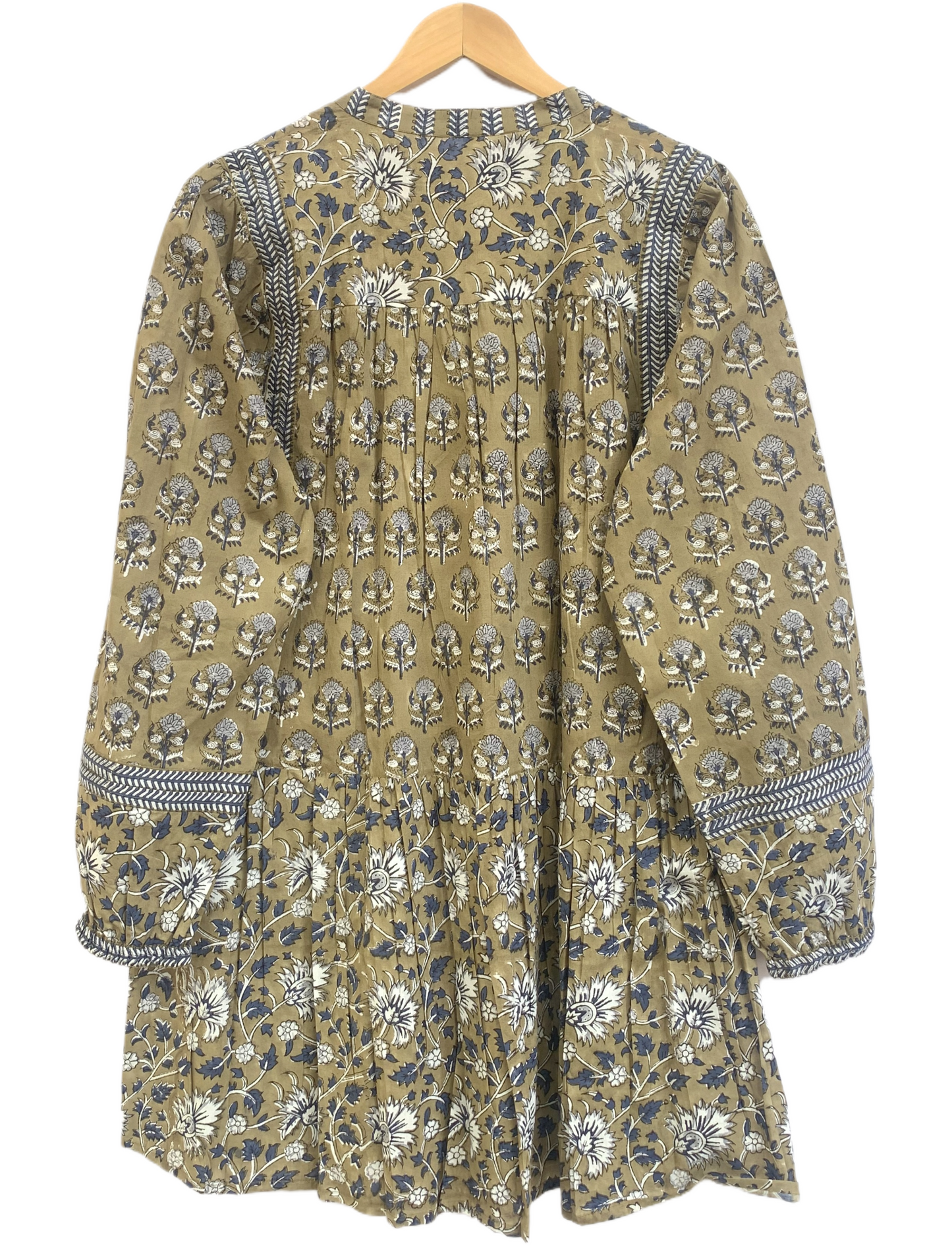 Olive Brown Floral Cotton Mini Dress – Hand Block Print Boho Tiered Style