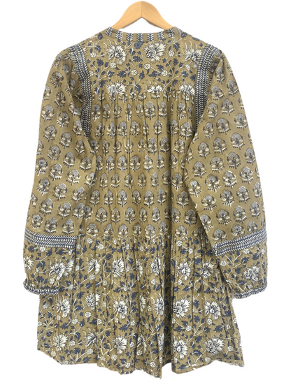 Olive Brown Floral Cotton Mini Dress – Hand Block Print Boho Tiered Style