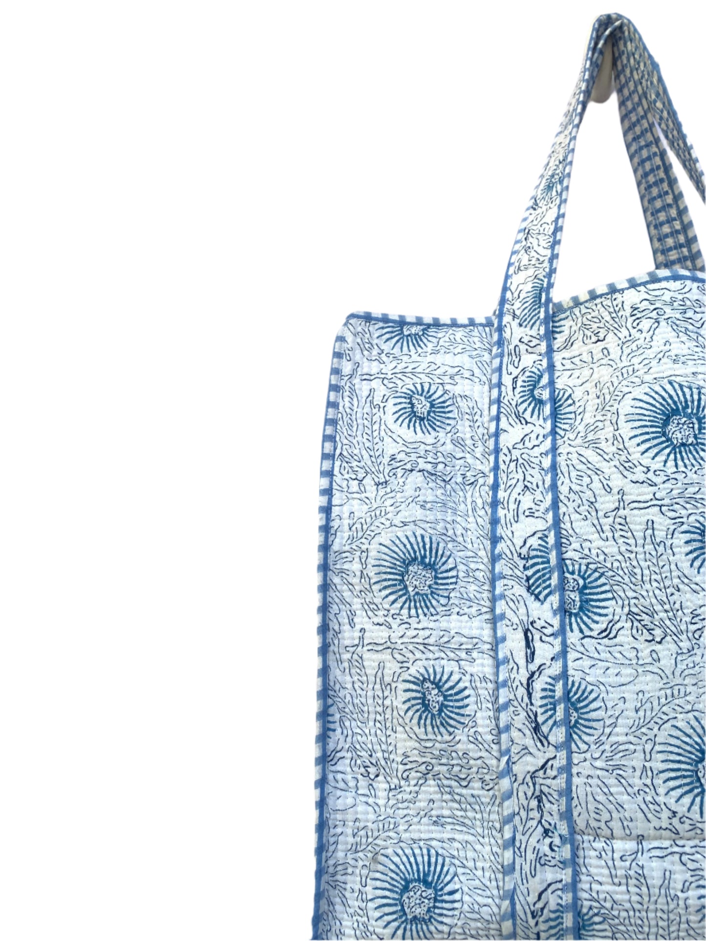 blue and white floral hand block printed womens tote bag- reversible-plaid pattern insides-with pocket-  18” x 18”  – 46cm  x 46cm