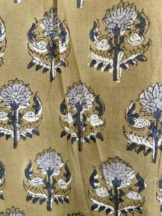 Olive Brown Floral Cotton Mini Dress – Hand Block Print Boho Tiered Style