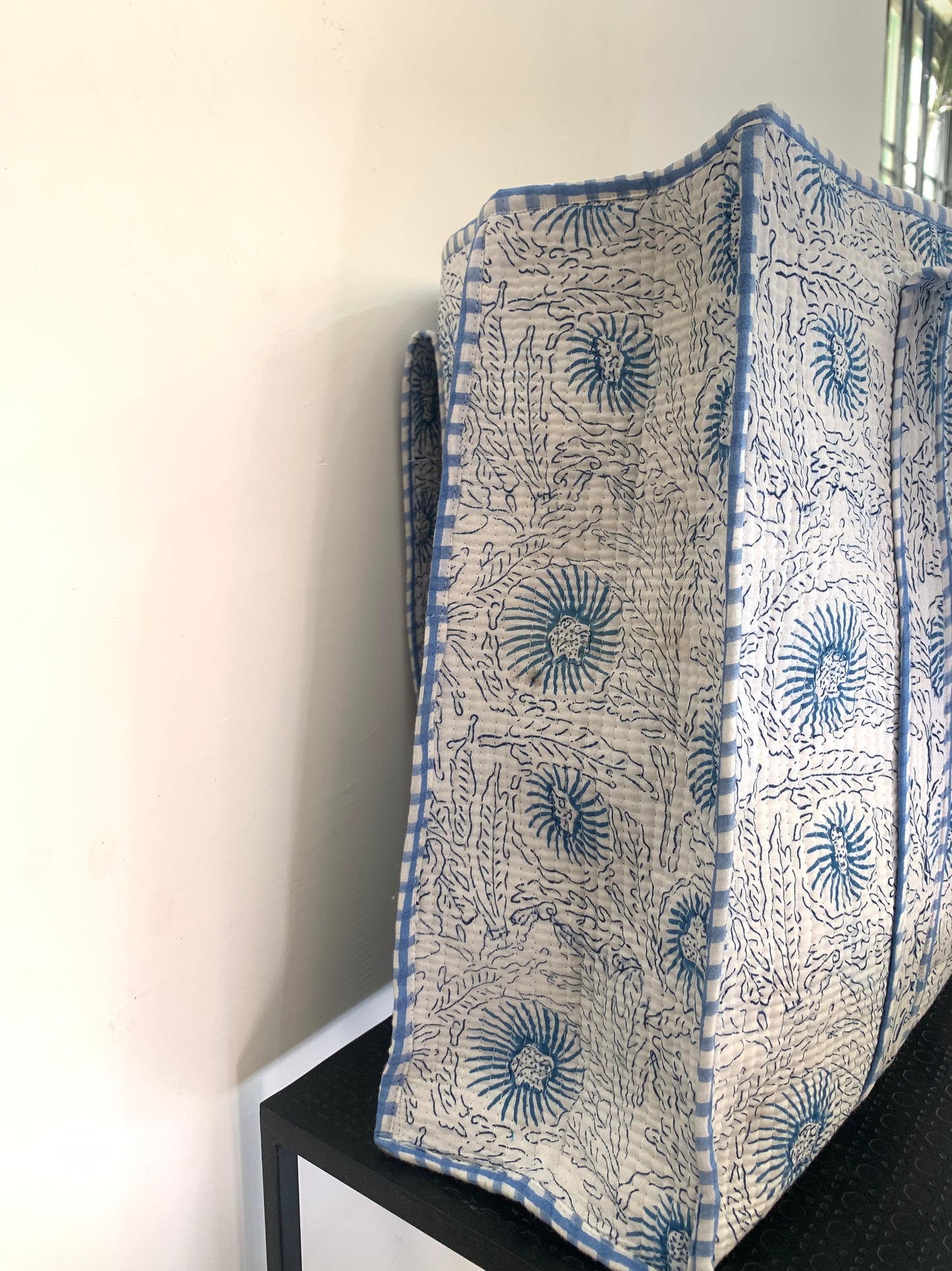 blue and white floral hand block printed womens tote bag- reversible-plaid pattern insides-with pocket-  18” x 18”  – 46cm  x 46cm