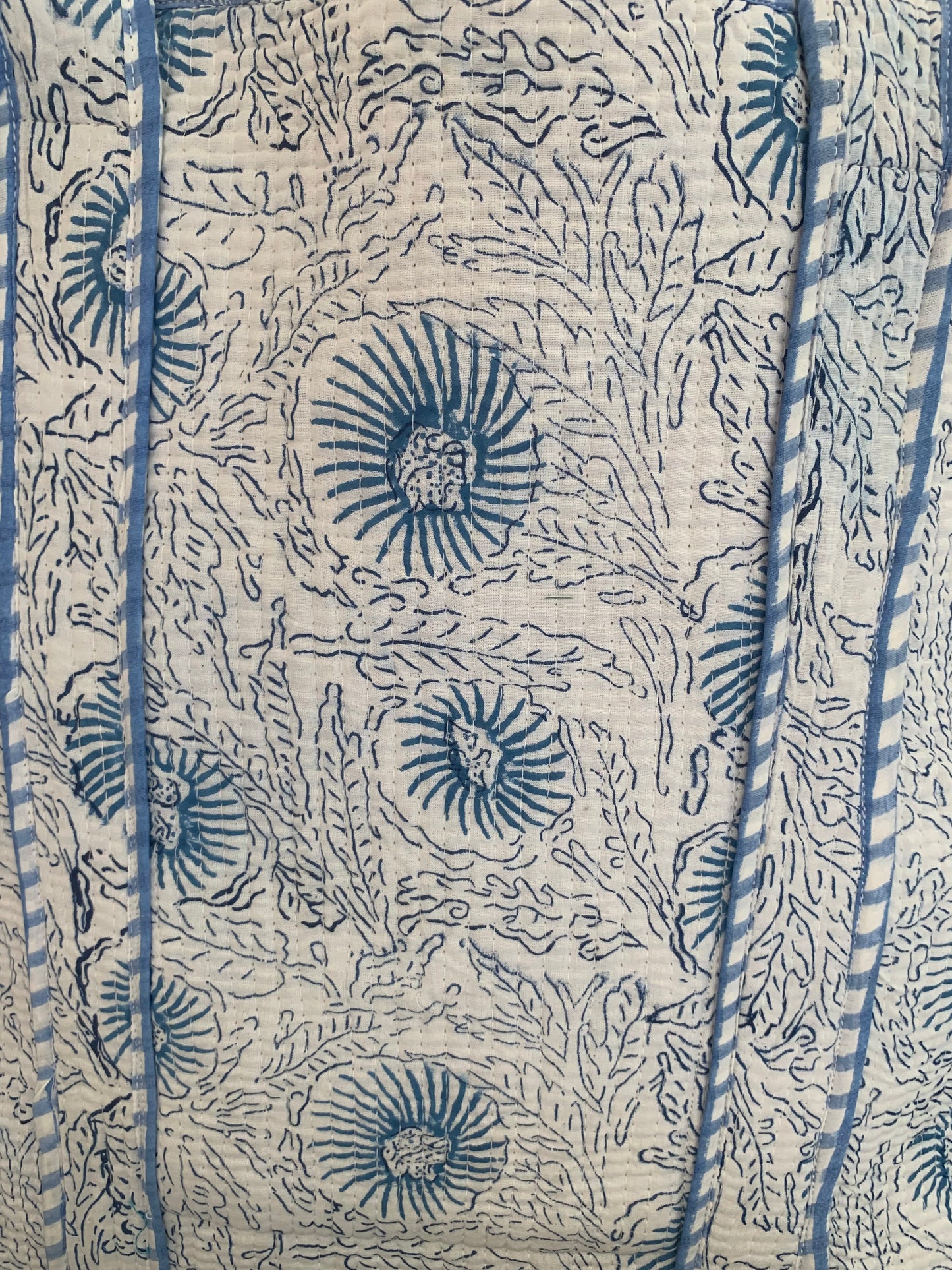 blue and white floral hand block printed womens tote bag- reversible-plaid pattern insides-with pocket-  18” x 18”  – 46cm  x 46cm