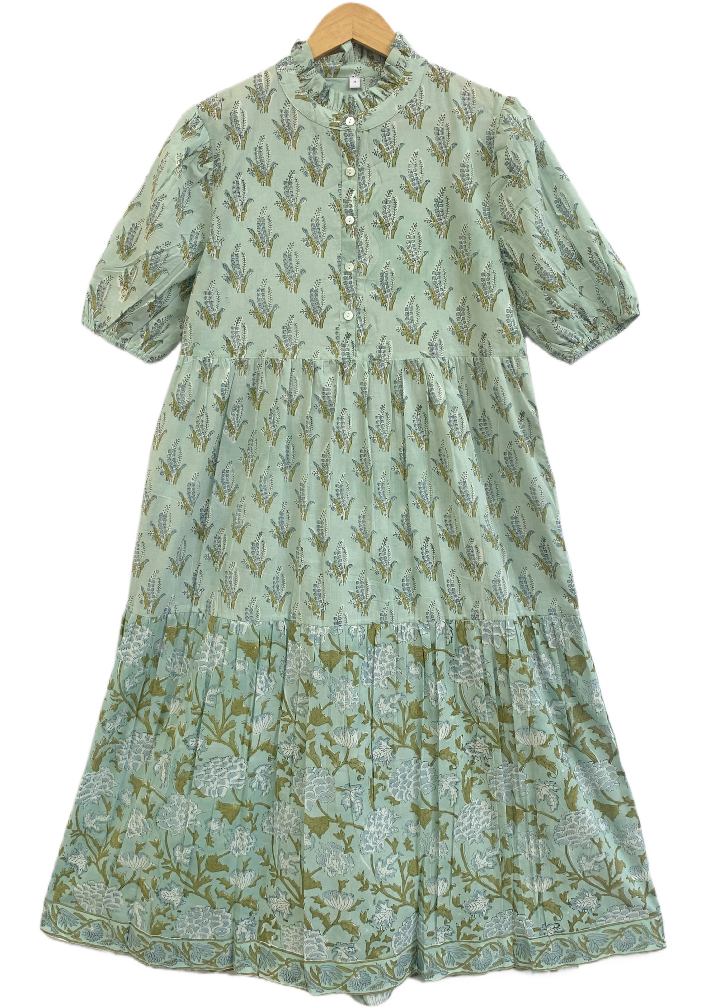 Mint Green Floral Cotton Maxi Dress – Hand Block Print Boho Tiered Style