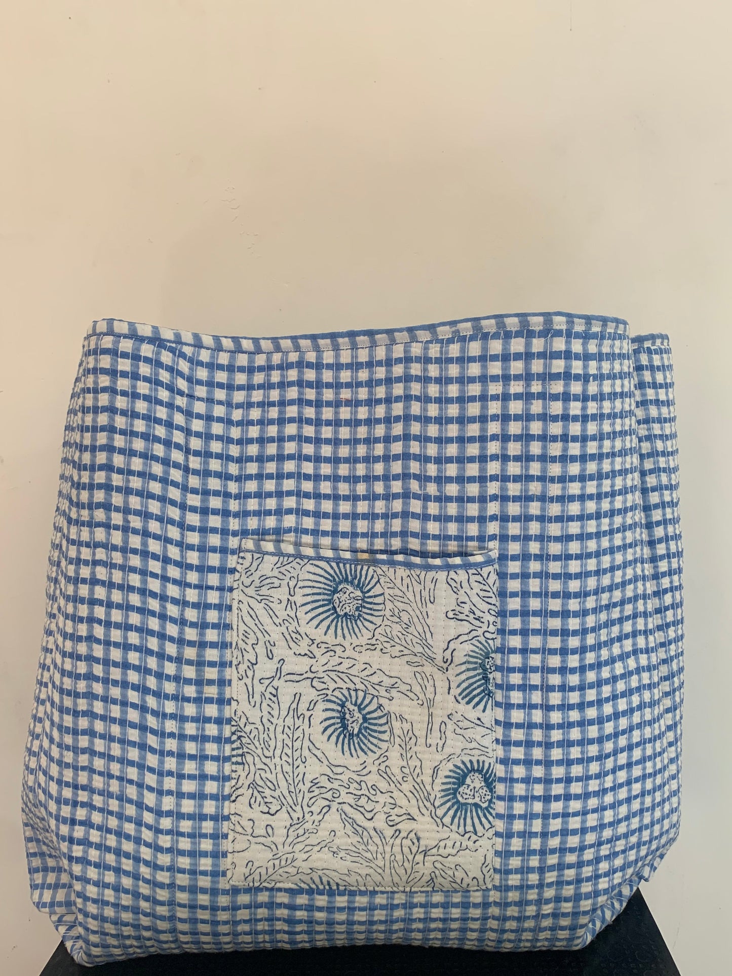 blue and white floral hand block printed womens tote bag- reversible-plaid pattern insides-with pocket-  18” x 18”  – 46cm  x 46cm